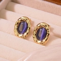 Vintage gold hammered earrings with purple tigers eye stones in beige velvet box - Royal Blue