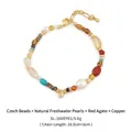 Handmade beaded bracelet with red agate, pearls and colorful Czech beads, 16.5+3cm length - Czech Glass Bead Freshwater Pearl Red Agate Bracelet SL-160