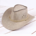Détail d'un chapeau de cowboy en paille beige avec coutures noires et corde décorative - M (56-58cm) / Khaki Clair