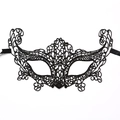 Close-up of elegant black lace mask with intricate baroque embroidery and satin ribbons - Large Fox
