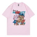 Pink oversized cotton T-shirt featuring USA Independence Day cat print on white background - Pink