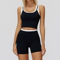 Two-piece yoga set with black and white colorblock tank top and high-waisted shorts - S / Top And Bottom (Tank Top + Shorts) / Premium Black
