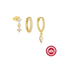 Three-piece golden S925 sterling silver earring set with crystals and hoop pendants - 3Pcs Per Set / Gold #4 (Rhombus Pendant)