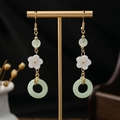 Long beaded tassel earrings with white flower motif and green donut charm in retro style - Vintage Light Green Peace Buckle Flower (E1764-6)