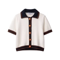 Cardigan in maglia a maniche corte, collo a polo, crema con bordo blu e bottoni arancio - S / Bianco