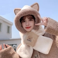 Plush beige and khaki cat-eared hooded scarf combo for women in winter soft faux fur - Beige - [Pointy Plain]