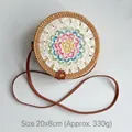 Handmade round rattan bag with colorful shell inlay and brown leather strap, 20x8cm - Rainbow Flower Shell