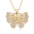 Gold plated butterfly pendant necklace with cubic zirconia stones on a white background - F235