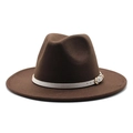 Detailed view of wide-brimmed wool fedora with white belt and gold buckle accent - Dark Coffee