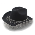 Chapeau de cowboy noir avec franges scintillantes en strass argentés sur le bord - M (56-59cm) / Noir