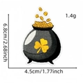 Detail of St. Patrick's Day pot of gold embroidery patch with clover showing exact dimensions - Style 28 (Black Pot Gold)