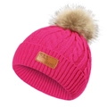Bonnet en tricot rose vif avec pompon en fausse fourrure et étiquette en cuir - 40-50CM / Rose rouge