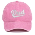 Detailed close-up of pink washed cotton baseball cap with white 3D Dad embroidery - Pink (Dad)