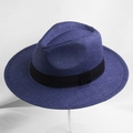 Men's summer wide brim straw fedora hat in navy blue with a black ribbon band - One Size (58cm Circumference) / Navy Blue