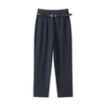Pantalón de mujer de talle alto y corte recto en gris oscuro con cinturón negro fino - S / Aguamarina