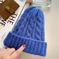Detail view of Klein blue cable knit beanie with thick texture and stylish rolled cuff - M(56-58cm) / Sapphire Blue