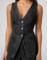Close-up of dark grey denim vest showing metal buttons and slim fit tailoring details - S / Tops / Black