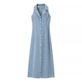 Mouwloze denim maxi-jurk in slim-fit met reverskraag en metalen knopen in lichtblauw - S / Lichtblauw