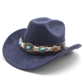 Detail of navy blue cowboy hat featuring turquoise stone and bohemian braided ribbon - M (56-59cm) / Navy Blue Faux Suede