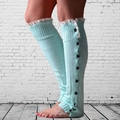 Mint green knit leg warmers with delicate white lace trim and decorative buttons - One Size / Lake Blue