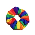 Close-up of a vibrant rainbow striped scrunchie made of soft high-elastic fabric material - Rainbow Scrunchie