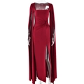 Detalle de escote cuadrado y cintura plisada en vestido largo rojo oscuro con raja - S / Burdeos