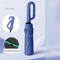 Navy blue 24-rib folding umbrella with windproof double-keel and ring handle hook - 20-ribbed Double-sized Umbrella With A Diameter Of 105cm And A Press-button Handle - Navy Blue. / Gift Box Not Included