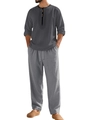 Men's linen set featuring dark grey Henley shirt and light grey drawstring beach trousers - S / Gray