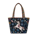 Ethnic style black canvas tote bag featuring a colorful woven unicorn and rainbow patterns - Black Pegasus Double Sided