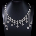 Detail of silver bohemian waist chain with vintage coin tassels on a fashion mannequin - Antique Silver Necklace Headpiece Dual Use
