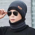Winter men's knitted hat and scarf set with thick fleece lining in dark grey color - Fleece Set / Dark Gray