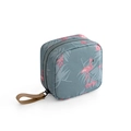 Blue cosmetics bag with pink flamingo patterns and a brown top handle strap - Light Blue Flamingo Small