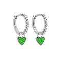 Silver hoop earrings with white zircon accents and green enamel heart pendant charms - Platinum-Green