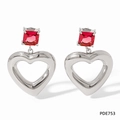 Exaggerated silver heart earrings featuring a square red gemstone and hollow heart pendant - Silver Red Rhinestone (PDE753)