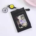 Black cross-grain leather card holder with smiley retractable reel and keychain - Black