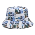 Sombrero de pescador Panamá blanco con paisaje azul de Nueva York y estampado de letras - M / Vista de la ciudad de Nueva York