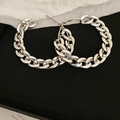 Silver chunky chain hoop earrings with metallic finish on elegant black velvet background - 68# Silver Needle-Silver-Chain-Thick Chain Large Hoop