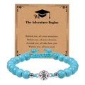 Adjustable blue turquoise beaded bracelet with compass charm on graduation gift card - Adventure Begins / Turquoise