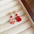 Macro detail of asymmetric Chinese lion and Fu character festive gold plated earrings - 20# Red Lion Dance Fortune Character Ear Studs
