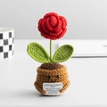 Handmade red crochet rose plant with smiling brown pot and emotional support card - Rose