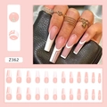 Pink French long coffin press-on nails with white lines and rhinestone detailing - French Small Diamonds (Z362)