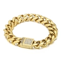 Polished gold Cuban link bracelet featuring a square pavé rhinestone clasp detail - Gold (KB152702-KFC)
