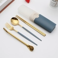 Portable stainless steel cutlery set with gold finish and blue-grey handles in storage box - Type B Blue+Gold