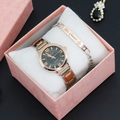 Women's gold watch with black dial and His Queen bracelet in pink marble gift box - 240125 Black Watch + Bracelet + Box