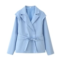Lichtblauwe blazer met lange mouwen, dubbele knopenrij en een stijlvolle ceintuur - S / Blauw