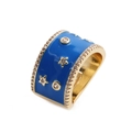 Fashionable gold wide band star ring with blue enamel and sparkling zircon stones - Adjustable Open / Star Blue