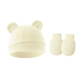 Detail of infant beanie with bear ears and matching anti-scratch mittens in ribbed cotton - Hat And Gloves / Light Yellow