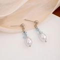 Elegant Chinese style drop earrings with white pearls and sky blue stones in silver finish - White Pearl Sky Blue Stone Simple Earrings(E1500-1)