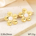 French style 18K gold stainless steel floral earrings with white pearl center - Style L Pearl Flower (KE115792-GC)