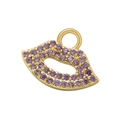 Detailed view of a gold lip charm with pavé purple zircon for DIY jewelry making - Gold Purple Zircon Lips